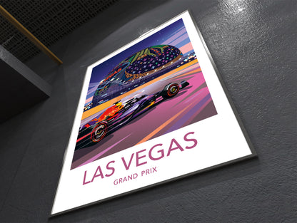 Red Bull Las Vegas F1 print featuring Red Bull Racing car at Las Vegas Grand Prix with neon lights – vibrant motorsport wall art