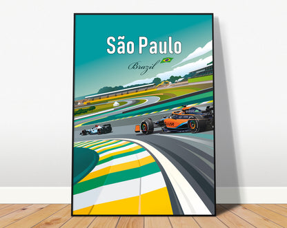 Framed São Paulo Brazil F1 poster featuring McLaren Formula 1 car at Interlagos circuit