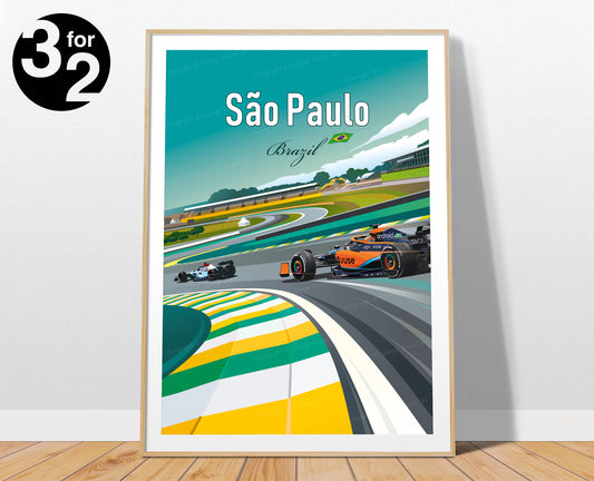 São Paulo Brazil F1 poster featuring McLaren Formula 1 car at Interlagos circuit during Brazilian Grand Prix