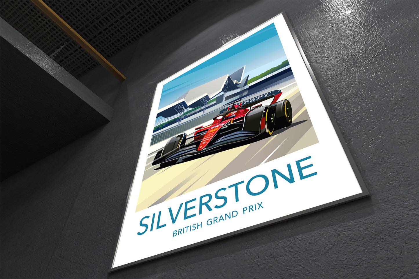 Silverstone Formula 1 Ferrari race poster featuring Leclerc at British Grand Prix