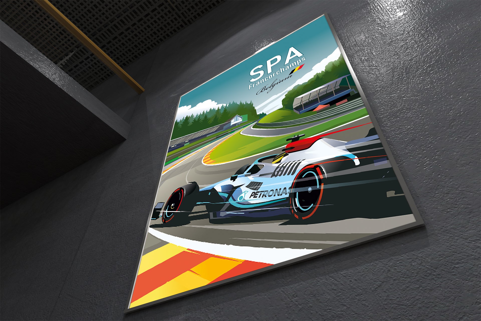 Spa Mercedes Formula 1 poster print featuring Hamilton at Belgian Grand Prix circuit
