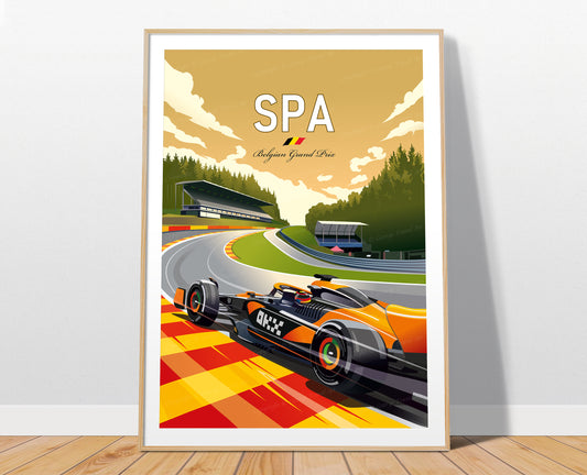Spa-Francorchamps F1 poster featuring Oscar Piastri's McLaren – Formula 1 wall art in a room setting