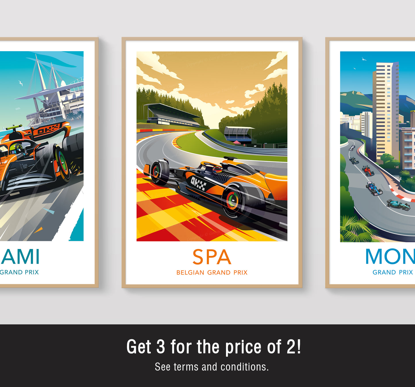 Spa-Francorchamps F1 poster with white border shown alongside other Formula 1 wall art print designs