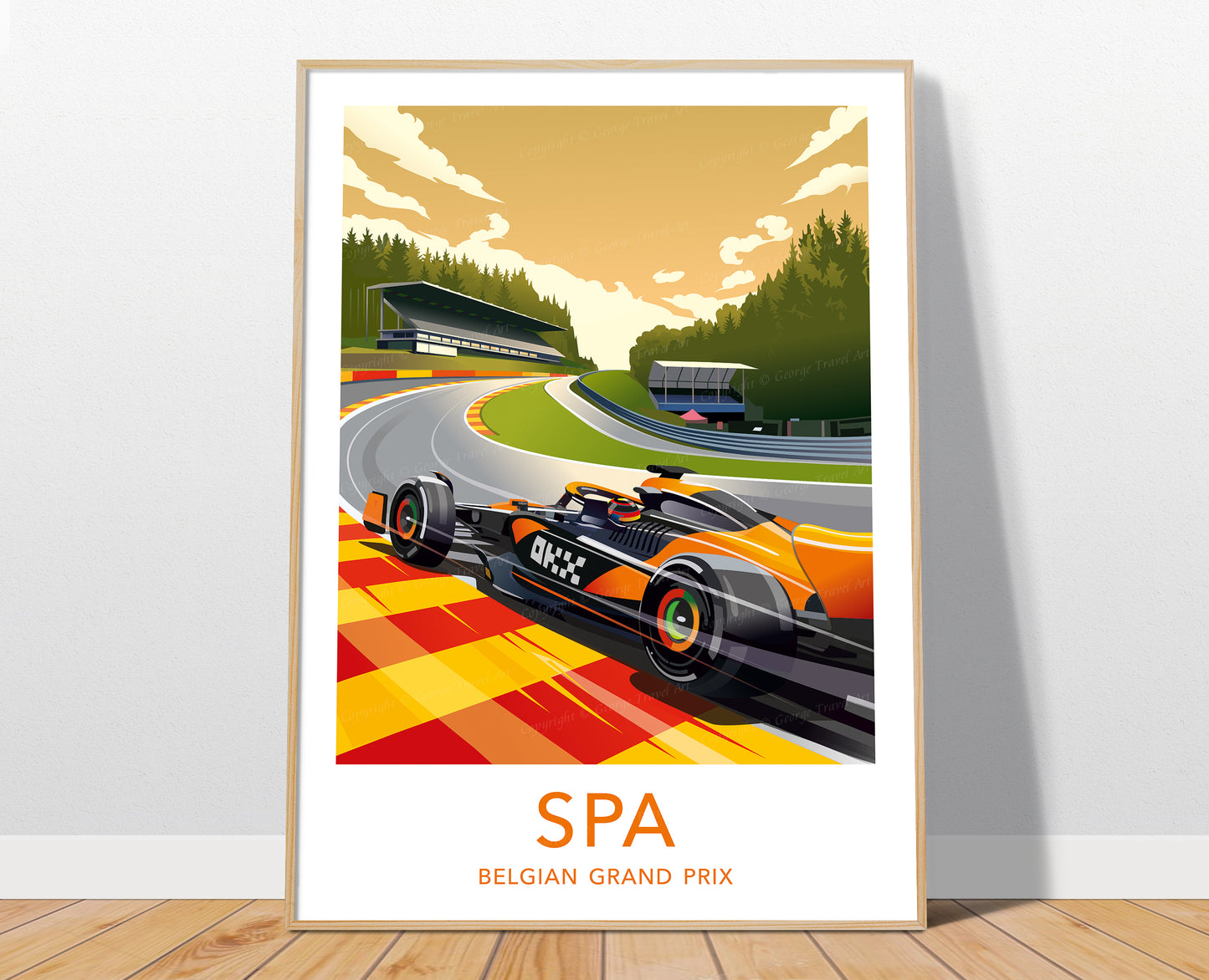 Spa-Francorchamps F1 poster with white border featuring Oscar Piastri's McLaren – Formula 1 wall art in a room setting