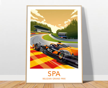 Spa-Francorchamps F1 poster with white border featuring Oscar Piastri's McLaren – Formula 1 wall art in a room setting