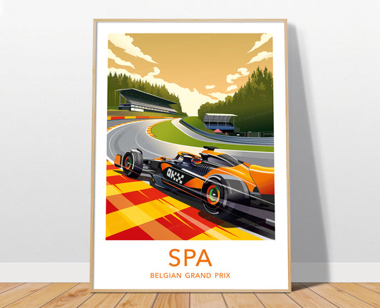 Spa-Francorchamps F1 poster with white border featuring Oscar Piastri's McLaren – Formula 1 wall art in a room setting