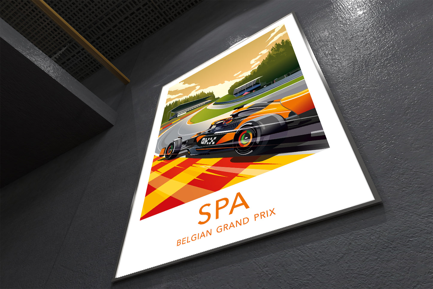 Spa-Francorchamps F1 poster with white border displayed on a wall – McLaren Piastri Formula 1 print