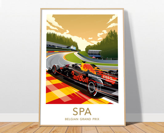 Spa F1 print poster – Max Verstappen Red Bull wall art with white border