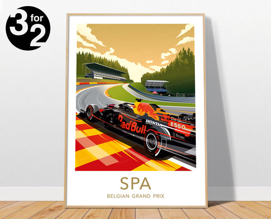 Spa-Francorchamps F1 poster showing a Red Bull racing car racing through the iconic Eau Rouge corner. In the background of the print you can see the tribune and the green forest with a golden sky.