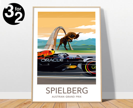 Spielberg F1 poster. The print shows the iconic location of the Austrian Grand Prix - the Red Bull Ring with an F1 racing car. In the background you can see the famous bull statue and the blue-green mountains.