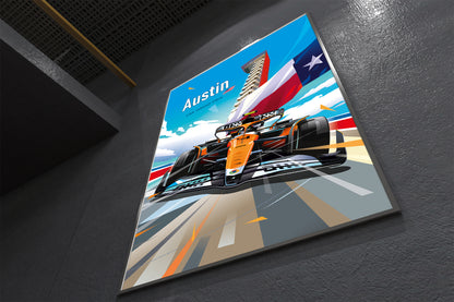 Austin F1 poster featuring Formula 1 car racing graphic at Circuit of the Americas – motorsport wall art print