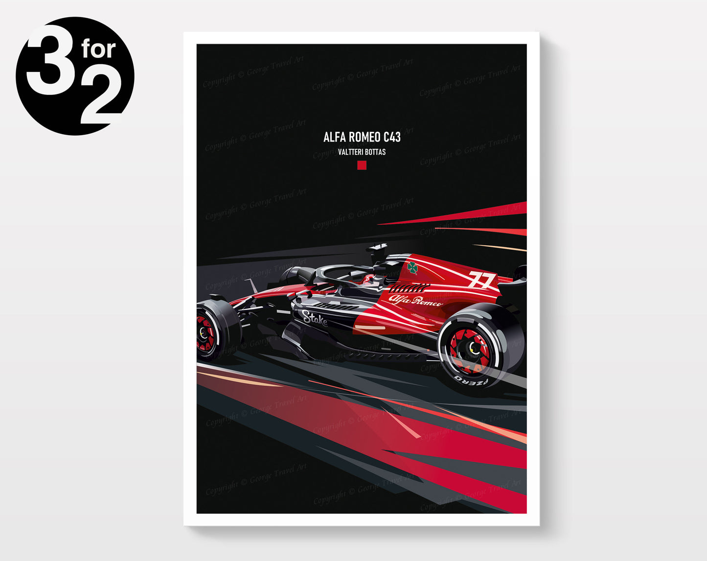 A poster featuring a red Alfa Romeo C43 Formula 1 race car with number 7, displayed on a black background with racing elements in the graphics.