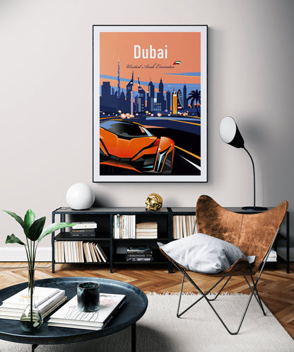 Dubai UAE luxury car travel poster – modern city wall art print