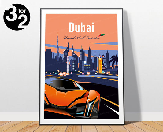 Dubai UAE travel poster featuring a luxury sports car against the city skyline – wall art print