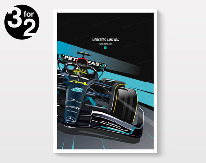 F1 Mercedes AMG W14 Poster / Lewis Hamilton / F1 Wall Art Print