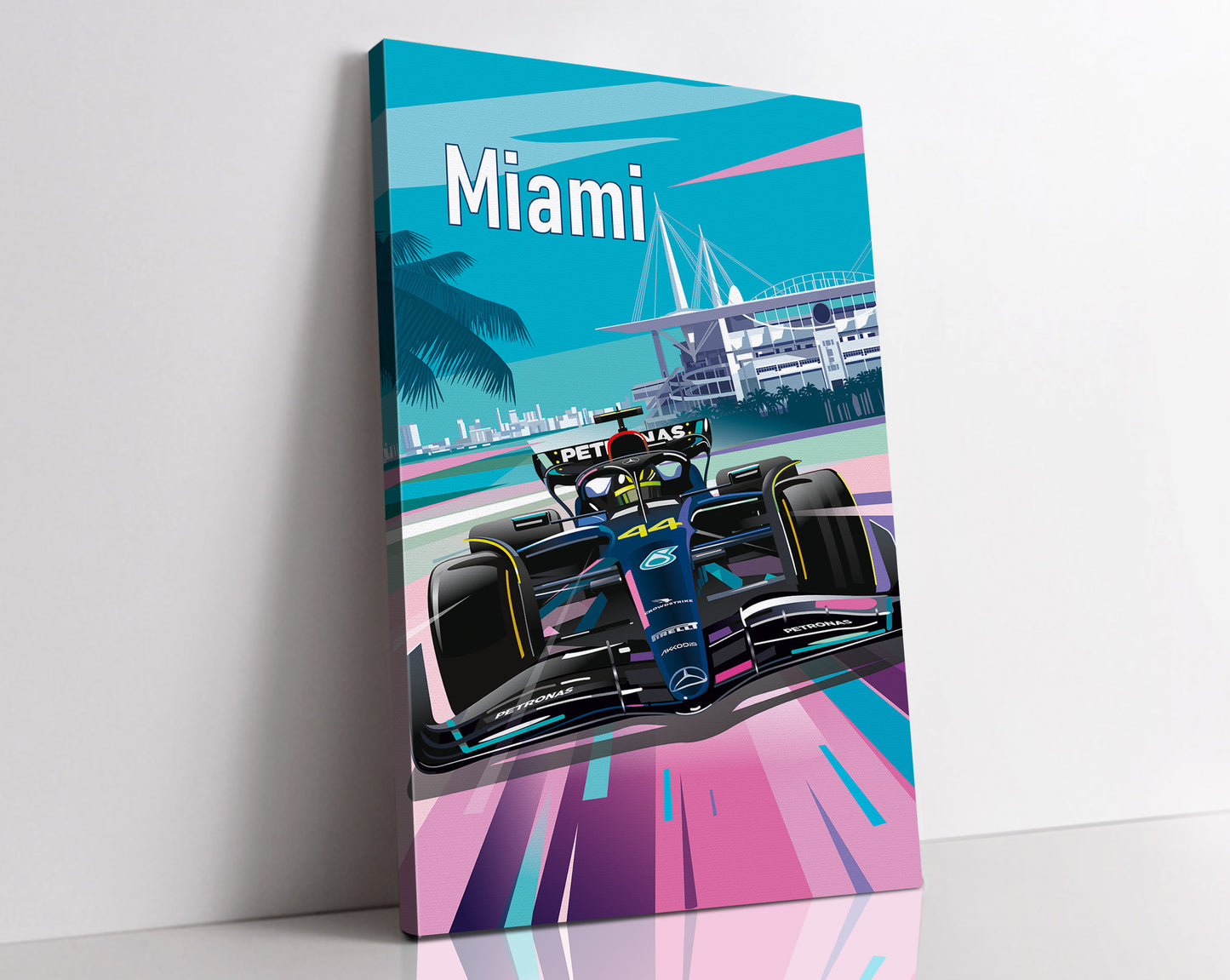 Miami F1 Canvas Print / Lewis Hamilton canvas / Mercedes-AMG F1 Wall Art / Miami Vice Style F1 Gift