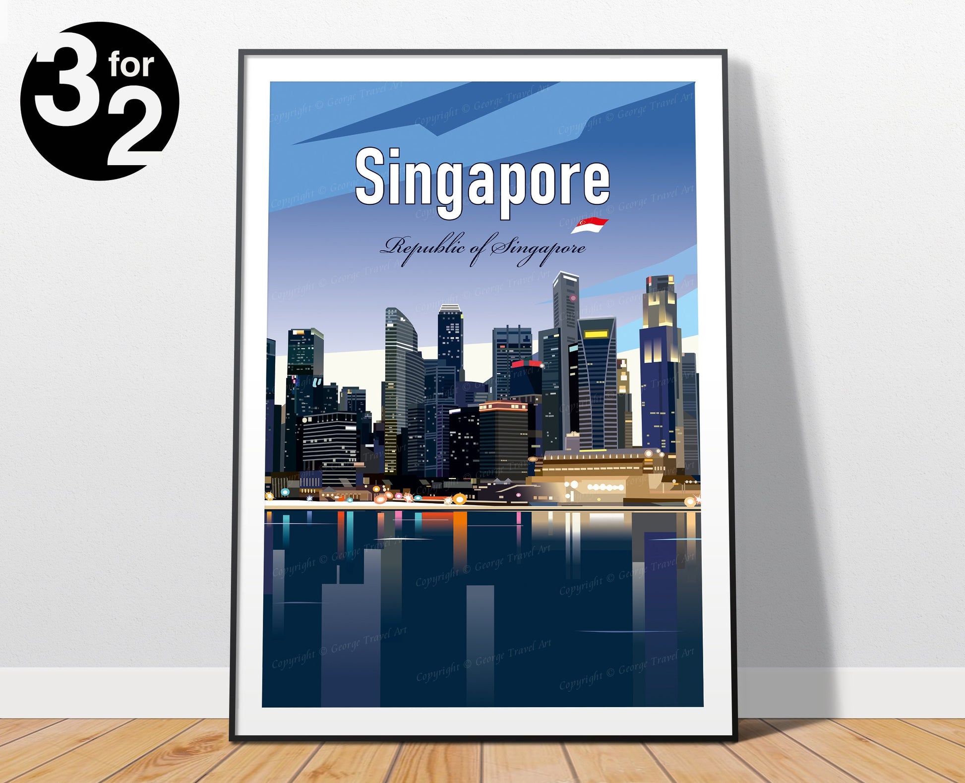 Singapore skyline night light travel poster featuring the illuminated city waterfront – wall art print