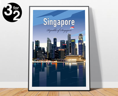 Singapore skyline night light travel poster featuring the illuminated city waterfront – wall art print