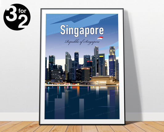 Singapore skyline night light travel poster featuring the illuminated city waterfront – wall art print